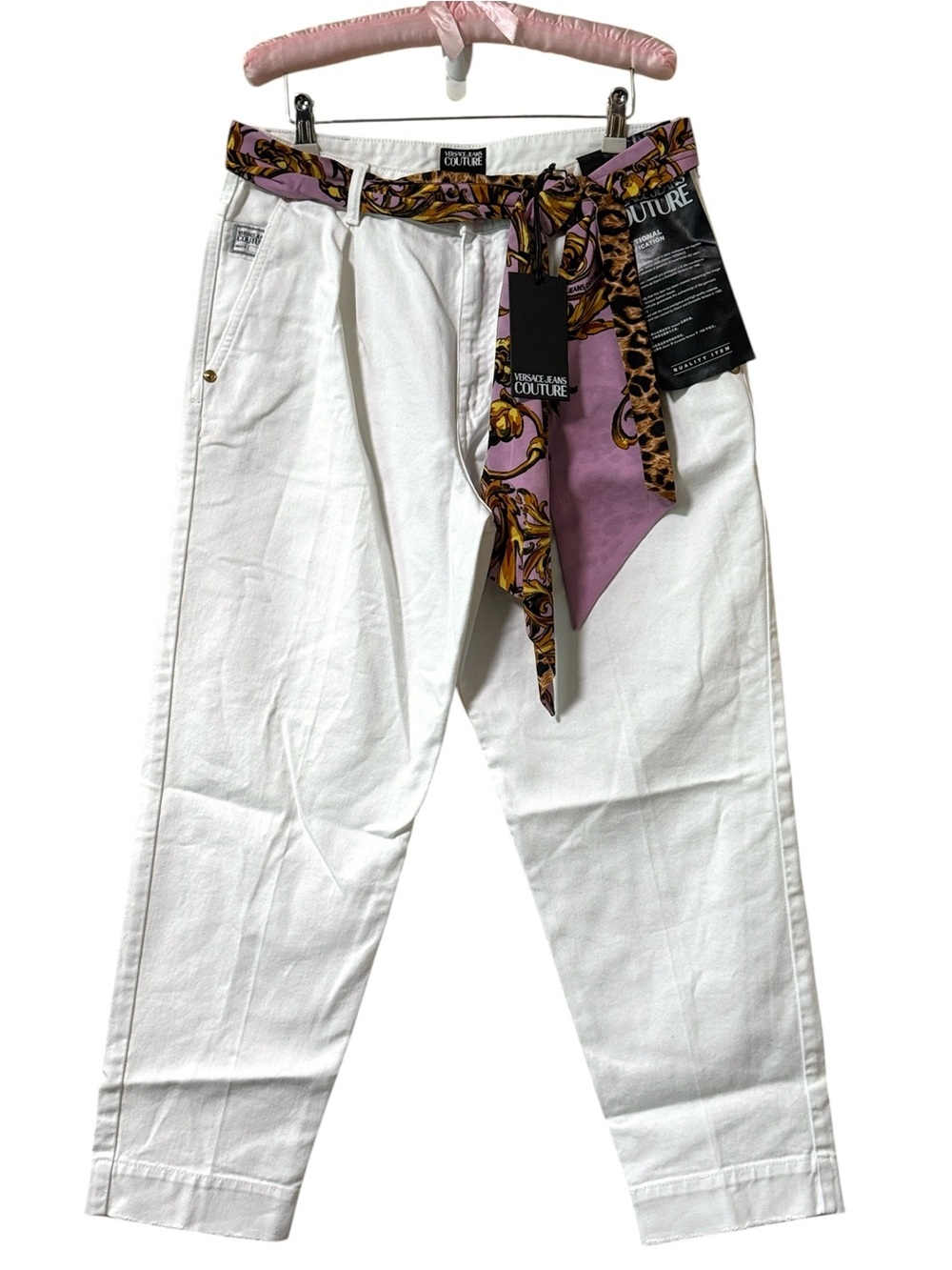 Versace Jeans Couture White Pleated Trousers with Baroque Scarf Belt Size 28